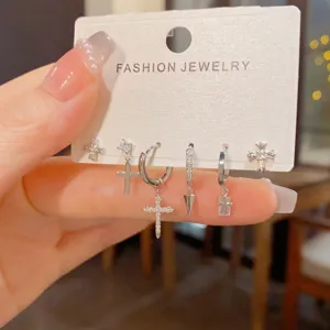 Silver cross cubic zirconia earrings set for women fashion jewelry accessories new