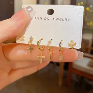 Gold zircon cross earrings set, minimalist fashion jewelry design for women daily wear.