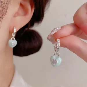 Mint Green Enamel Heart Dangle Earrings For Women Silver Plated Copper Rhinestone Sweet Niche Style Stud Earrings Jewelry Gift