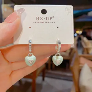 Mint green heart drop earrings, elegant light luxury silver hoop earrings with sparkling diamonds.