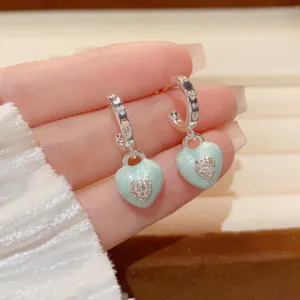 Mint green heart dangle earrings, sweet chic thick silver drop oil pave diamond hoop earrings.