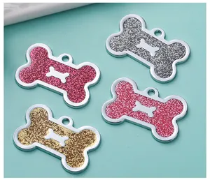 Metal glitter bone shaped pet ID tags, colorful dog collar pendants, anti-lost pet charms.