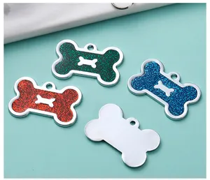 Glitter dog bone pet tag anti-lost metal pendant collar accessory detailed close up view