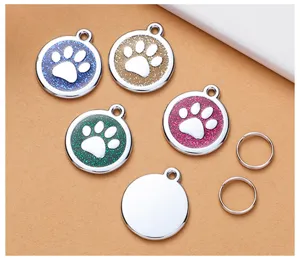 Glitter paw print pet ID tags, round metal dog cat collar charms with rings for pet supplies.