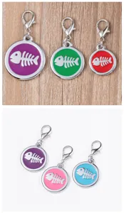 Round metal dog tag charm with cute fish bone design, fresh colors zinc alloy pet necklace pendant.
