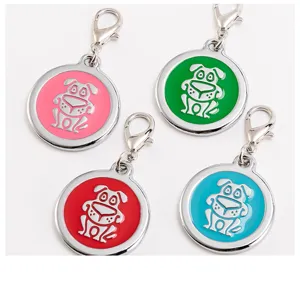 Colorful metal dog tags with cute cartoon designs, durable zinc alloy charms with hooks.