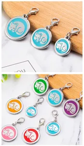 Boutique colorful metal pet ID tag featuring cute sleeping cat design with clasp.