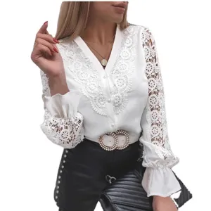 Women White V-Neck Long Sleeve Lace Blouse Elegant Spring Fashion Button Shirt Top