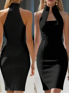 Detailed view of the elegant black sleeveless bodycon dress, highlighting the chic high neck.
