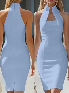 Details showing the elegant light blue high neck sleeveless bodycon evening dress.