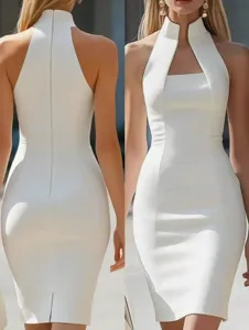 White high neck sleeveless slim fit party dress showcasing elegant silhouette and chic back design.