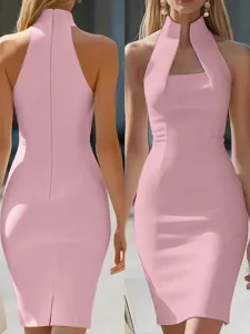 Pink sleeveless bodycon dress detail view, high mock neck design with back zipper closeup.