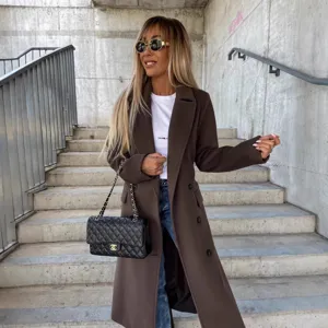 Stylish women long brown woolen coat autumn winter lapel double breasted outerwear elegant main view
