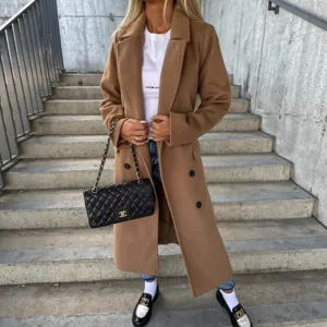 Women's camel long wool coat classic lapel double-breasted trench winter outerwear fashion