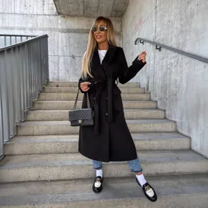 Women black wool trench coat lapel belted long sleeve elegant autumn winter outerwear