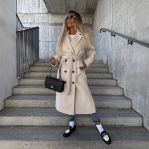 Women winter wool blend trench coat elegant lapel double breasted long outerwear