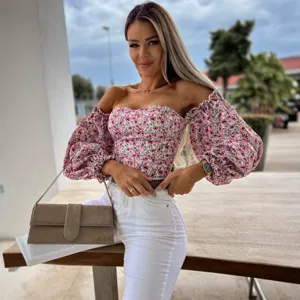 Women off shoulder floral print crop top sexy long bubble sleeve casual blouse tops