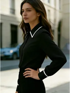 Women Casual Contrast Lapel Long Sleeve Black Shirt Fashion Elegant Daily Wear