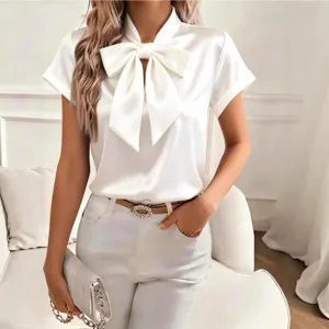 Blusa satén mujer manga corta lazo elegante color sólido top verano moda elegante chic