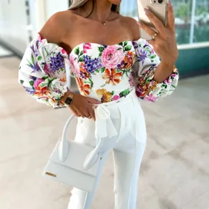 Sexy off-shoulder floral crop top for women, summer stylish tube top with puff sleeves.
