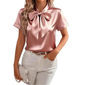 Blusa satin mujer manga corta lazo elegante rosa verano parte superior moda ropa chic