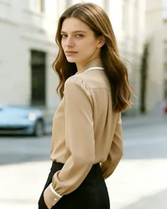Elegant women's long sleeve blouse in beige with contrasting white collar and cuffs for chic daily wear.
