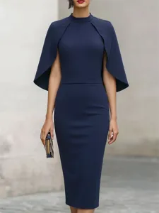 Elegant deep blue women midi dress featuring stylish cape sleeves and chic mock neck design.