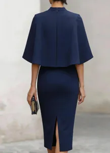 Back view detail of elegant navy blue cape spliced midi formal dress, vintage style.