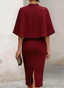 Wine red cape spliced midi formal dress, elegant back design with zipper and slit hem.
