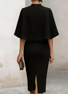 Black cape midi dress back view detail, elegant mock neck slim fit party dress