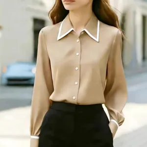 Casual fashion contrast lapel long sleeve women shirt elegant khaki blouse with white trim