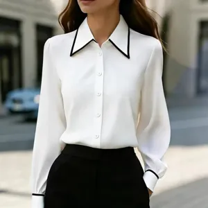 Women stylish contrast lapel long sleeve white blouse elegant casual fashion top shirt