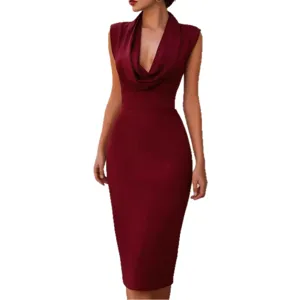 Women's Sexy Cowl Neck Sleeveless Bodycon Midi Dress Elegant Wine Red Party Clubwear