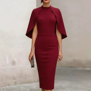 Elegant French vintage cape sleeve slim midi dress in wine red, perfect for formal events.
