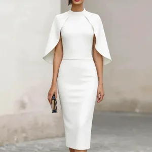 Elegant white mock neck midi dress featuring stylish cape sleeves for sophisticated evening wear.