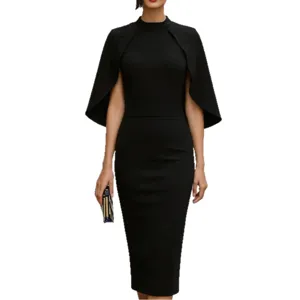 Elegant black cape sleeve midi dress, chic slim fit formal evening party dress for women.