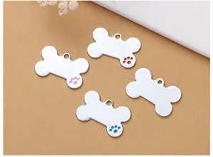 Zinc alloy bone pet ID tag, smooth surface with colorful paw print, double sided engraving.
