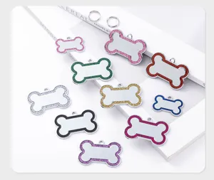 Detailed view of multi-color glitter edge bone shaped zinc alloy pet ID dog tags.