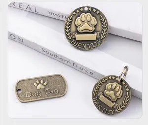 Vintage bronze dog tag metal pet collar pendant paw print identity accessories for dogs cats