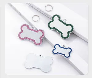 Zinc alloy pet dog ID tag, glitter edge bone shaped metal anti-lost pendant for pets.