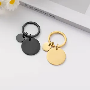 Stainless steel blank round pet dog tag keyring keychain, black and gold 2pcs.