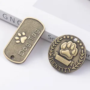 Retro bronze metal pet dog ID tag, zinc alloy vintage paw print collar pendant accessories.