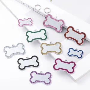Zinc alloy dog bone pet ID tags with colorful glitter edge, blank metal tags for engraving.