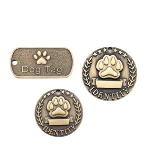 Retro bronze dog tags set zinc alloy pet collar pendants with cute paw print and identity text.