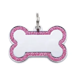 Pink glitter bone shaped metal pet dog tag anti lost ID tag with split ring for pets