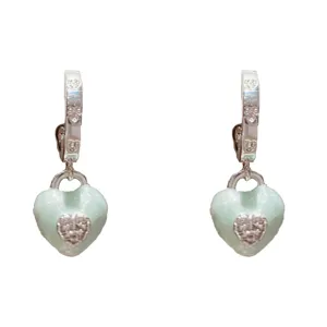 Fashion silver mint green enamel heart drop earrings with rhinestone crystal details