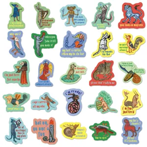 Close-up detail of funny medieval manuscript stickers with witty office worker slang text.