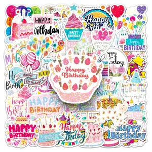 Lot de 50 autocollants laser imperméables joyeux anniversaire stickers pailletés tasses