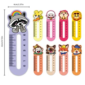Cute cartoon animal bookmarks with functional rulers, paper reading clips for kids and students.