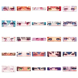 Close-up of anime eye stickers, colorful cartoon character designs for creative DIY phone cups.